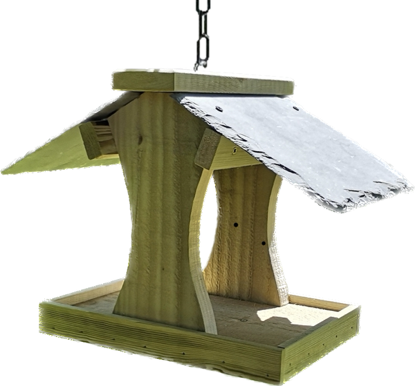 Hanging bird feeding table with natural slate roof
